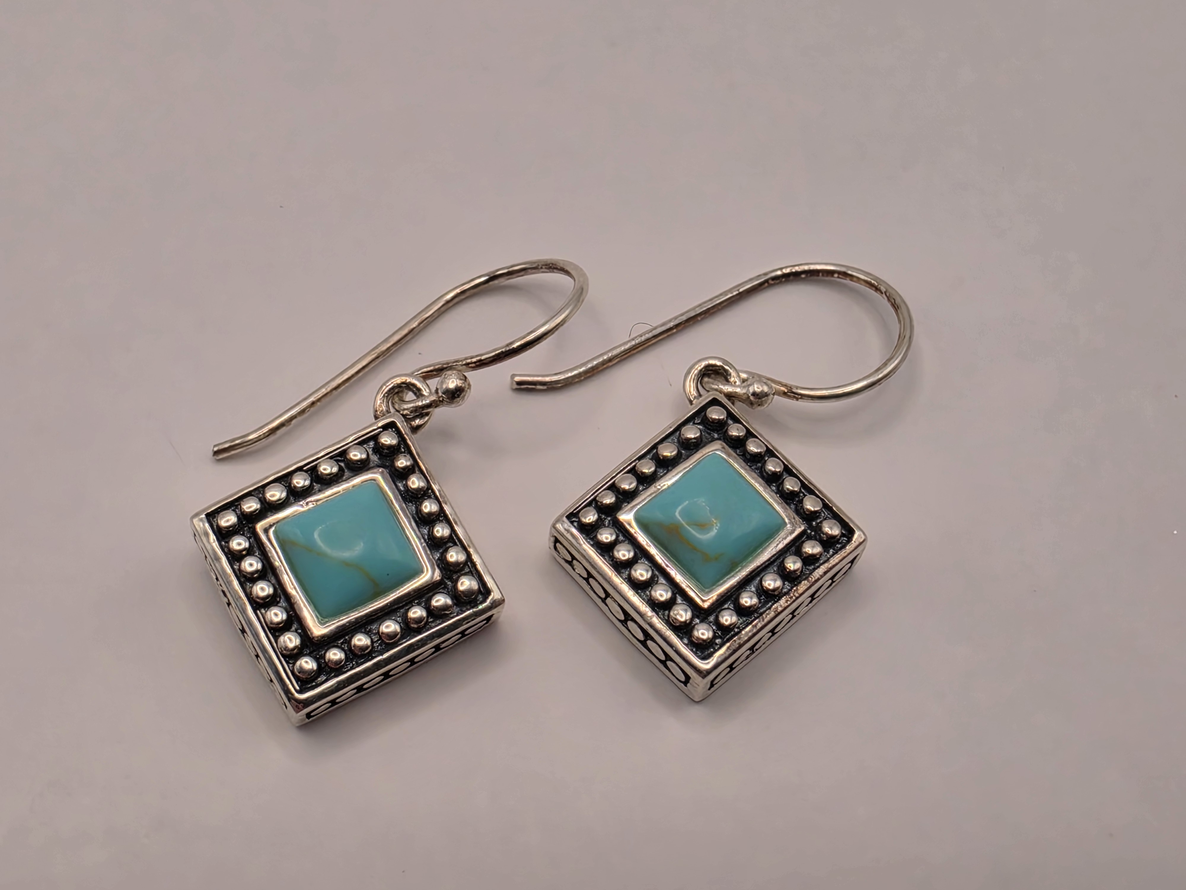 925 Sterling Silver Square Turquoise Dangle Earrings